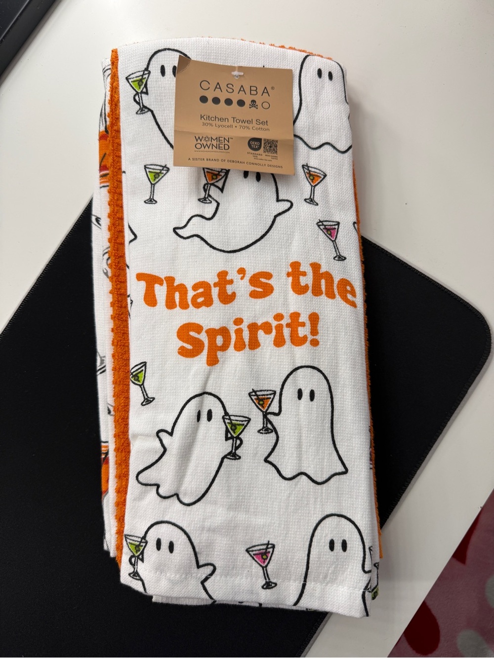Casaba Halloween Ghost Martini 3 Pack Kitchen Towel Set “That’s The Spirit!” New